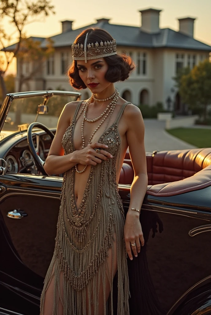 (medium full shot) of (vibrant flapper) young woman, philippine, tan skin, brown eyes, Average build, extra long ginger single braid hair, wearing a gold beaded flapper dress, dance shoes with low heels, eyeliner, carrying a beaded clutch, set in a charming 1920s street, with historic buildings, vintage cars, stylish pedestrians, a lively jazz band , during a lively night, woman smiling, ,Masterpiece,best quality, raw photo, realistic, very aesthetic, dark