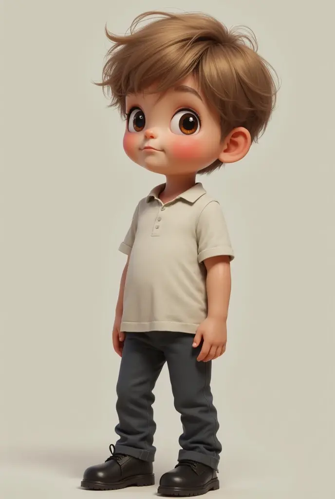 A small boy in white T shirt , black pant and black school shoe
