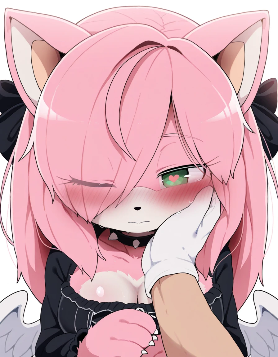 A boy pink furry, scared look, collar, gettting forced to act like a pet and getting treated like a pet