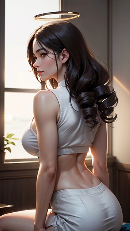 lucy pinder, portrait, face portrait, back, smiling, straight hair, black hair, neckline, ponytail, black crop top, black skirt, underwear showing, voluptuous, red lips.