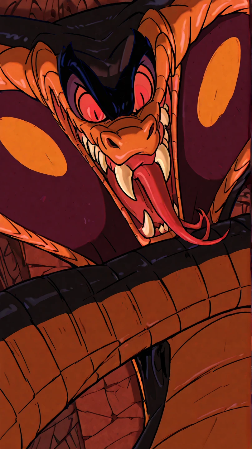 4K ultra quality, masterpiece quality, giant feral Jafar , small feral Aladdin, Wrap the snake strangler, [Jafar, Snake Jaffar, Scully, snake, Cobra, Wild, Snake Hood,  Reptiles , black body, Black Scales, Red body, Red Scales, tooth, teeth, forked tongue, Red Eyes, Thick body type, smiles maliciously, open eyes, tongue out, looking down, looking at viewer], [Human:First-person perspective, pov, Pain, body is tightened, ]