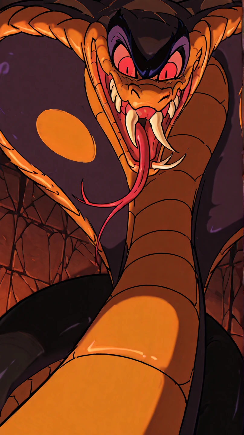 4K ultra quality, masterpiece quality, giant feral Jafar , small feral Aladdin, Wrap the snake strangler, [Jafar, Snake Jaffar, Scully, snake, Cobra, Wild, Snake Hood,  Reptiles , black body, Black Scales, Red body, Red Scales, tooth, teeth, forked tongue, Red Eyes, Thick body type, smiles maliciously, open eyes, tongue out, looking down, looking at viewer], [Human:First-person perspective, pov, Pain, body is tightened, ]