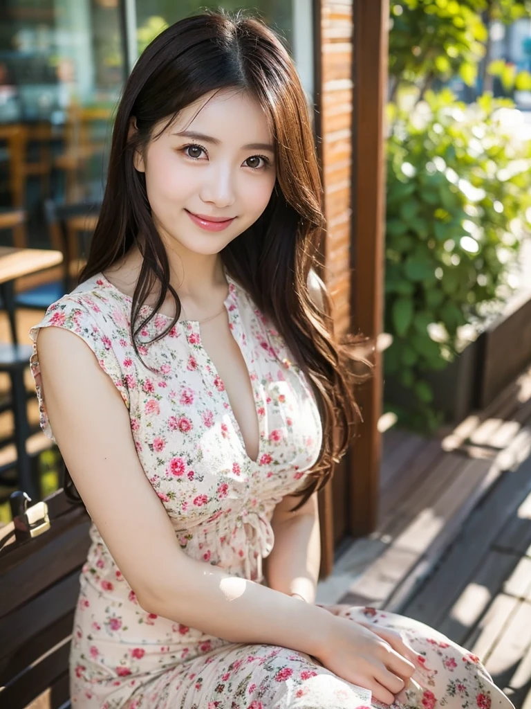 ultra-detailed, 1 girl, Asian, slim athletic body, realistic skin texture, long hair, (breasts:1.1), smile, gaze at viewer, one piece tight dress, string floral dress, movie lighting, face focus, fine eyes, detailed face, well lit face, sunny day, outdoor cafe