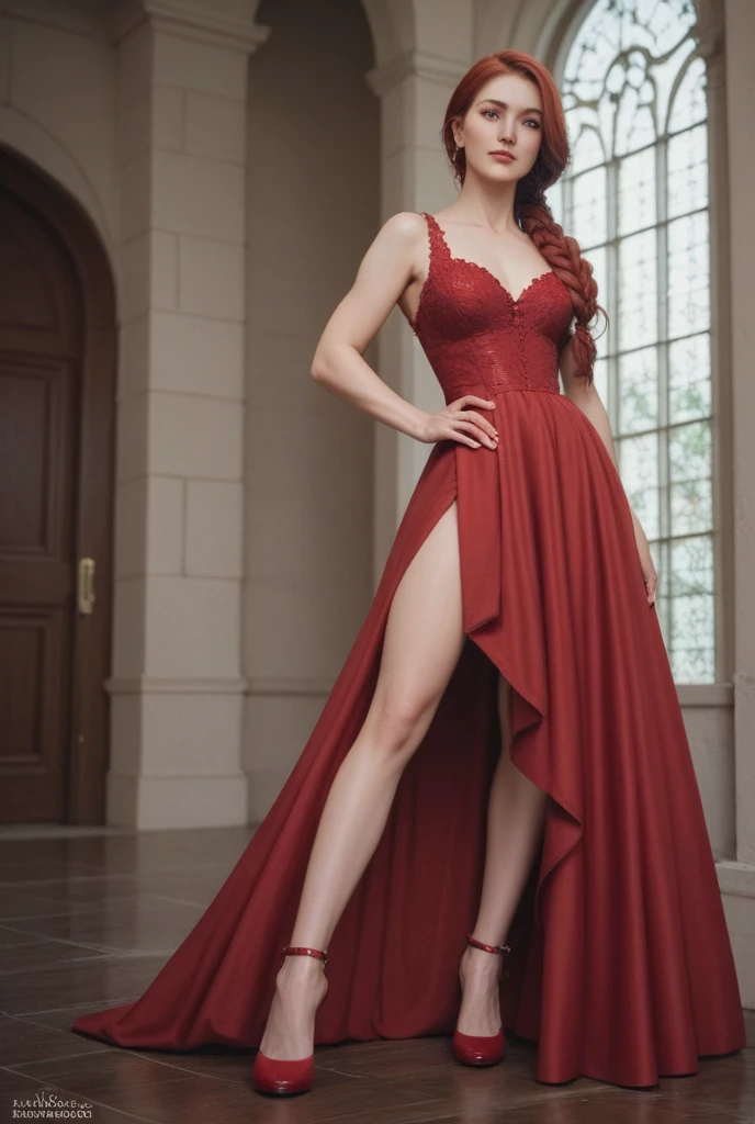 highest quality,masterpiece,Ultra-high resolution,Original photo,Ultra-high resolution,Beautiful woman 25 years old woman,British fashion in 1900,dress,Full Body,high waist,Flashy makeup using red eyeshadow,Big smile,Short cut with subtle side waves,whole body,Gray background,