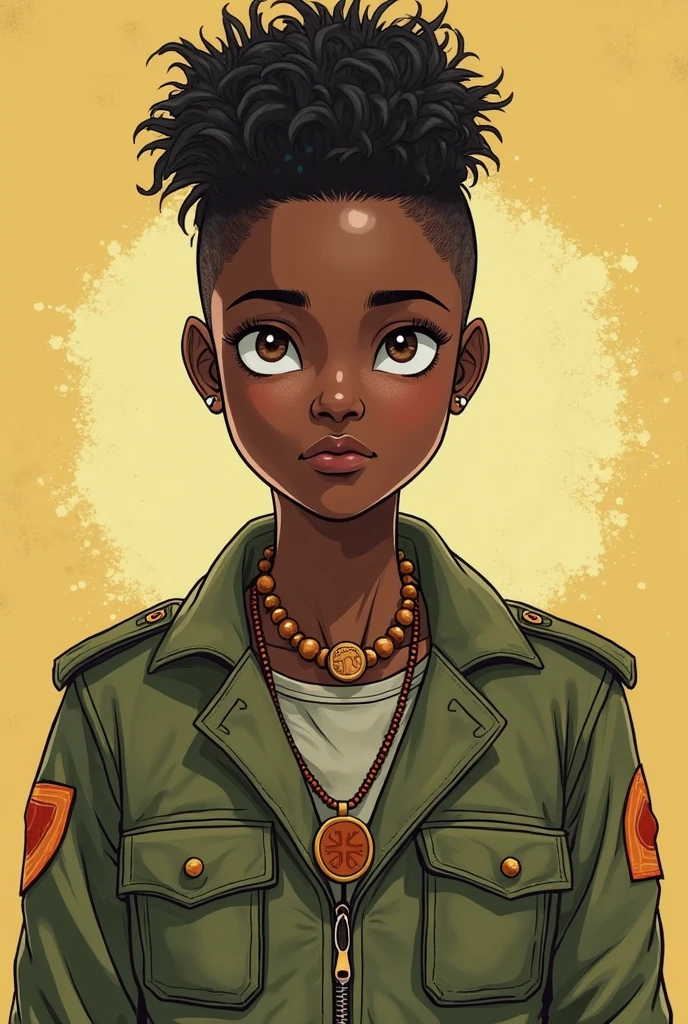 Augusta Njinga", an 11 year old girl, dark skin, afro, black hair, dark eyes, green blouse, brown pants, brown adventure boots, "".