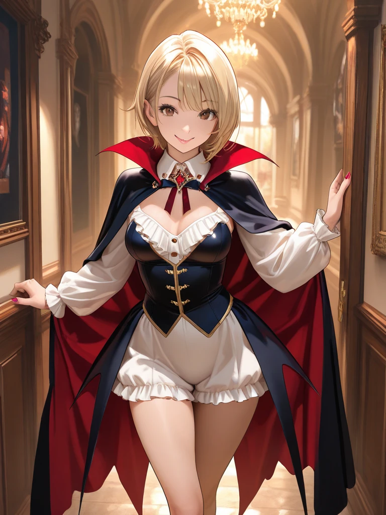 ((Highest quality)), ((masterpiece)), (detailed), (Perfect Face)、The woman is Princess Leona, a vampire and Countess of Dracula, with medium-long light brown hair and a Countess of Dracula costume with a vampire cloak.、The woman is in a sexy pose with her arms behind her head and a gentle expression on her face.