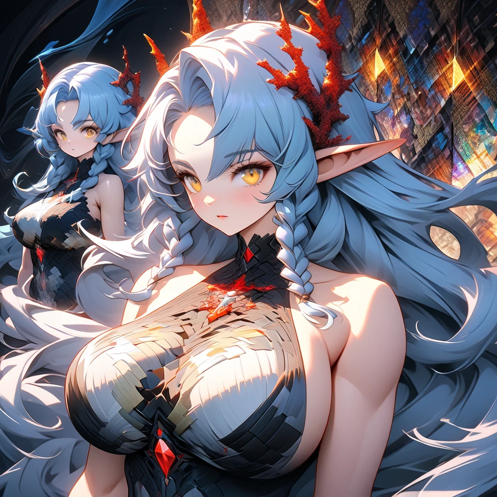 Illustrate a detailed and stunning portrait of a girl with long white-black hair, heterochromia eyes (( red eyes)), wearing a fantasy themed lace golden dress, in a dynamic pose, large round perfect breast ,open cleavage,(( dark skin)), ((african))