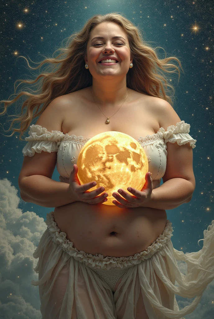 realistic, photorealistic, photo-realistic:1.37, best quality, 4k, 8k, highres, masterpiece:1.2, ultra-detailed, fat goddess, flower crown, thin lingerie, hands raised to show armpits, spread her legs, shiny oily skin, oily wet skin texture, glistening skin, extremely detailed eyes and face, beautiful detailed eyes, long eyelashes, beautiful detailed lips, detailed big breasts, detailed navel, detailed armpits, beautiful detailed thighs, flawless skin ,glowing skin, heavenly landscape, high quality portrait, dramatic lighting, cinematic lighting, dramatic contrast, moody lighting, dramatic shadows, dramatic highlights, extreme detail description