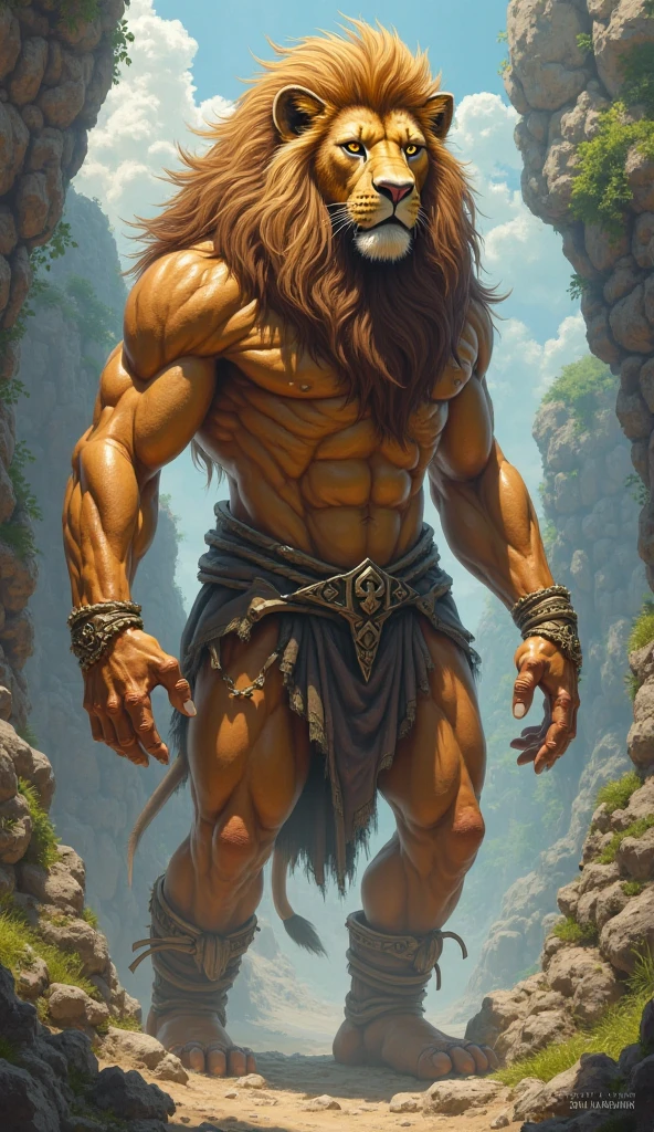 dark fantasy art, Loaded on E621, Anthro, furry, explicit, ((Lion Man)), high resolution, ((Detailed realistic image)), (detailed eyes, expressive eyes:1.2), Impaste Impressionism, crazy details, Soft, cinematic lighting, (by hyperrealist:1.3), (by detailed:1.2), Pupils, (View of the upper body), (body covered in hair), (masculine), hyper muscular, Huge muscles, Massive construction, wide shoulders, giant body, (lion man face), (Characteristics of the lion man), Lower savannah, Barbarian Loincloth, A semi-medium long flaccid penis with foreskin visible, testicles, sagging, is coming, nipples, open mouth, Stick out her tongue, teeth,