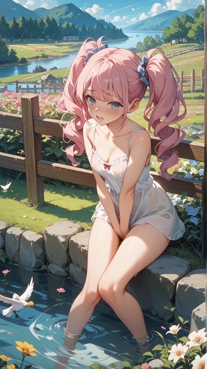 High resolution, highest quality, super high quality, super detailed, cinematic lighting、crawl on all fours、Girl's ass、(long silver twintails)、Forest Springs、mysterious lake surface、fashionable witch、(Colorful gradients)、(((Detailed lace lingerie in rose pink color)))、nice ass、perfect butt、embarrassing、blue eyes、sweating、Wet lingerie、ideal style、cute girl、thin line、stick out your butt、open leg