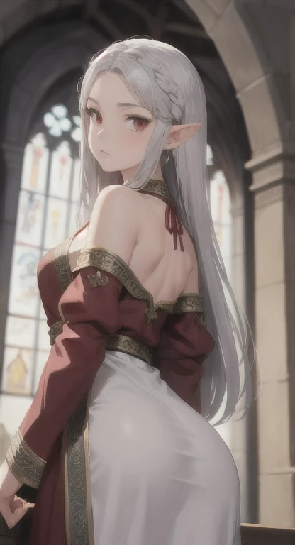 masterpiece,best quality,1girl,selunite,white hair,long hair,braided ponytail,braid,green eyes,elf,pointy ears,wedding dress,off-shoulder,bridal gauntlets,sideboob,smile,standing,looking back,church,indoors,from behind,with her back to the viewer,upper body,<lora:ShadowHeartV2:0.8>,<lora:Concept-control tool-add_detail-CyberAIchemist:0.9>,<lora:weddingdressex0.3:0.4>,