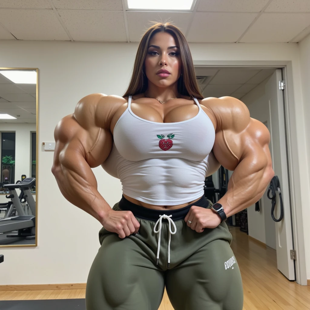 A military, action movie poster of a beautiful, huge, enormous, buff, giant, single Female bodybuilder, muscle goddess, huge arms and huge legs, giant boobs, enormous muscles, big beautiful eyes, with long dark hair, wearing reading glasses, holding an assault rifle, machine gun, photorealistic