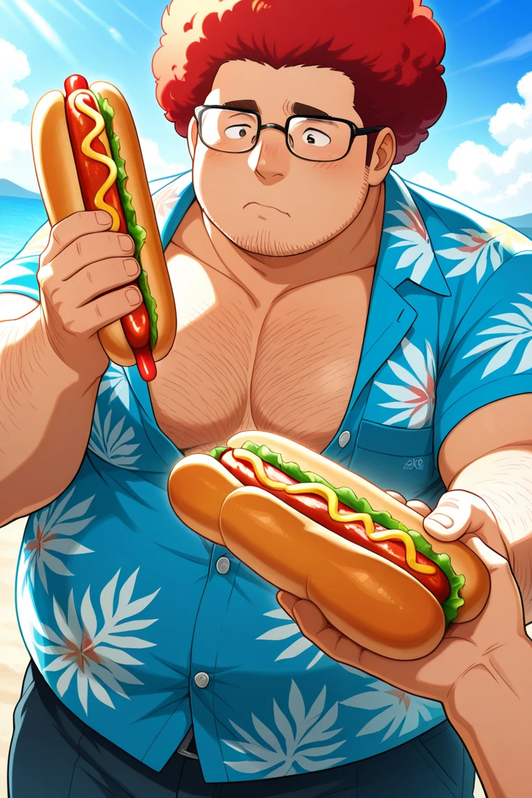 A young white haired man with red eyes in a swim trunks is eating burgers at the beach