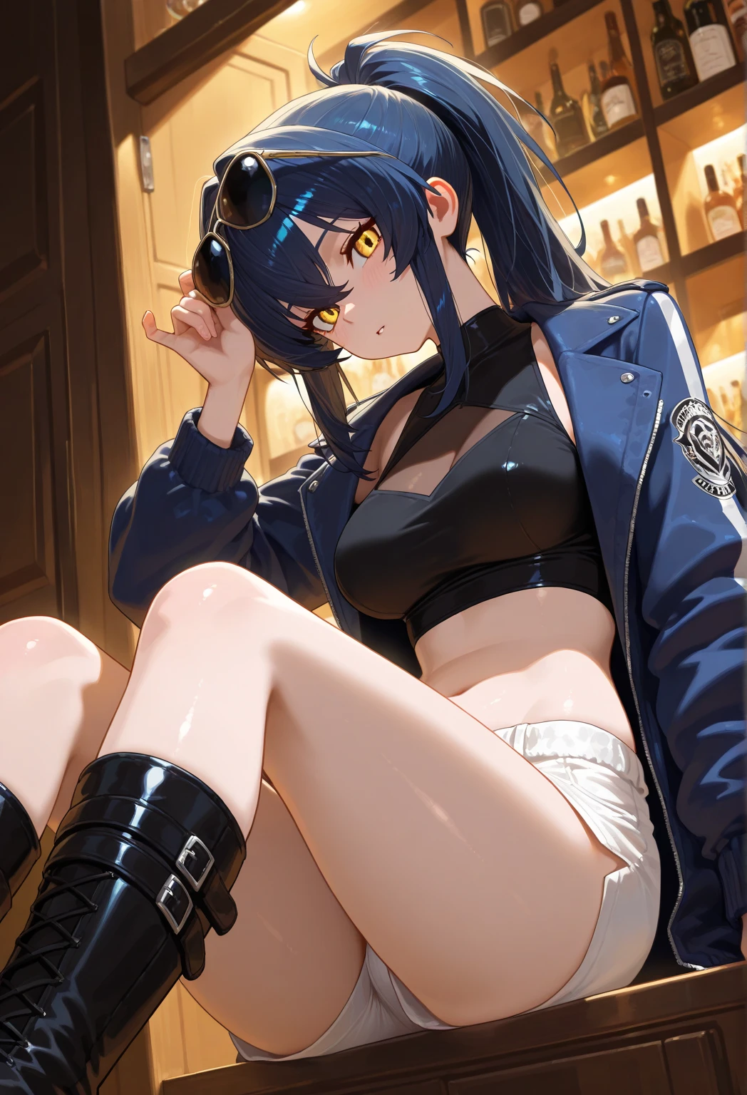 absurdres, RAW photo, extremely delicate and beautiful, masterpiece, Best Quality, ultra high resolution, 32k, hyperrealistic, ultra-detailed, detailed description, pale skin, 20 years old, detailed beautiful face and eyes, tearful mole, earring, Colossal tits, short medium hair, wavy hair, full body shot, alone, steampunk fashion, waistcoat, blouse, hat, boots, short skirt, bare shoulder,