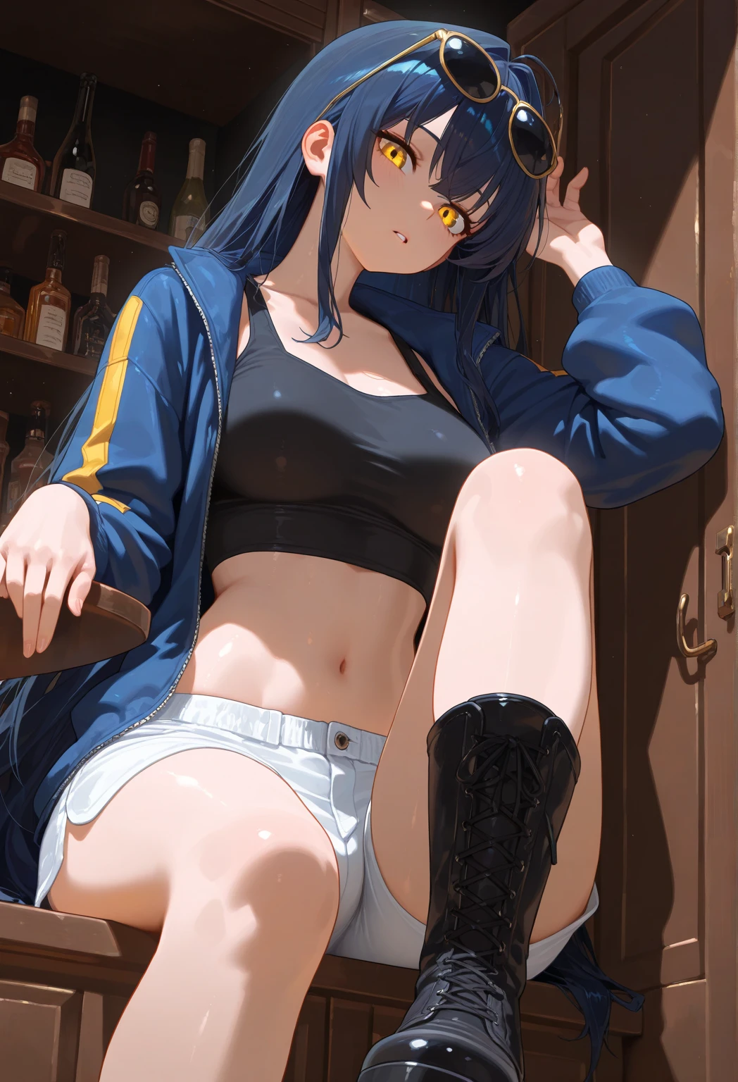 (official art、highest quality、Unity 8k wallpaper、32K、masterpiece、super detailed、超high resolution、realistic、Photoreal:1.2)、(cinematic lighting:1.2)、fire glow effect、film grain、best shadows、rim lighting、side light、(Super detailed and complex 3D rendering)、Background like Makoto Shinkai、very beautiful background、detailed beautiful face and eyes、(Beautiful and sharp pupils)、masterpiece, high resolution、highest quality, ultla highres, maximum resolution, very detailed, professional lighting, beautiful skin, 28 year old woman、very pretty、((hoodie、hoodie、panties、belly button))、((((Take off your pants、pantiesを披露))))、blue inner hair color、neat bangs、bangs、dull bangs、(((sexual excitement)))、Smile a little、(((super low angle)))