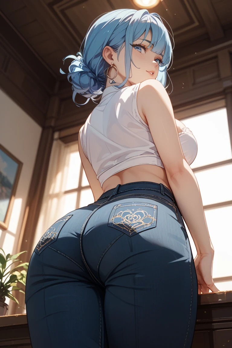(Highest quality,.amazing details), 1boy, male focus, cowboy shot, simple background, minimalist background, fluffly hair, curly hair, blue hair, sweater, blue sweater, blue shirt, cat ears, neko boy, androgynous, feminine boy, effeminate boy, (otoko no ko),shorts, denim shorts, tight shorts, from behind, butt, wide hips, butt, large butt, huge ass, large behind, large rear, suggestive, tight shorts, white leggings