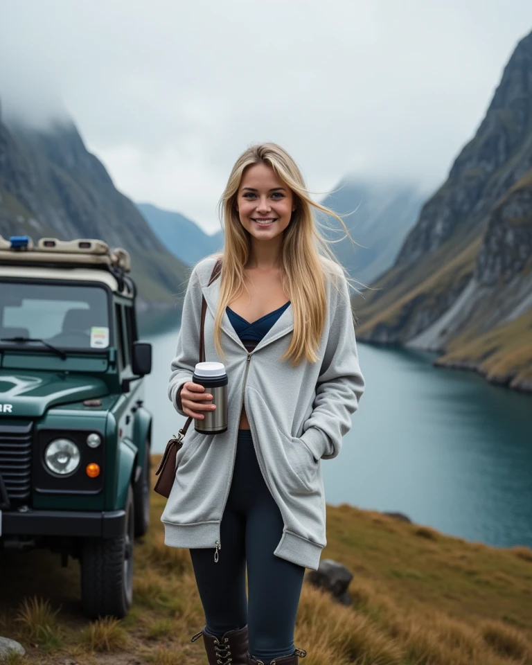 solo, photorealistic, wide shot, best quality, hyper detailed, 25 years old Circasssian woman, (((mature-looking face))), high detailed skin texture and pores, high detailed deep wrinkles, (((wavy long blonde hair))), (((Circassian face))), sexy body, ((upper body selfie, happy)), masterpiece, best quality, ultra-detailed, solo, outdoors, mountains, nature, cheerful, happy, backpack, sleeping bag, camping stove, water bottle, mountain boots, gloves, sweater, hat, flashlight, forest, rocks, river, wood, smoke, shadows, contrast, clear sky, analog style (look at viewer:1.2) (skin texture) (film grain:1.3), (warm hue, warm tone) :1.2), close up, cinematic light, sidelighting, ultra high res, best shadow, RAW, upper body, , wearing pullover kodak vision 3,