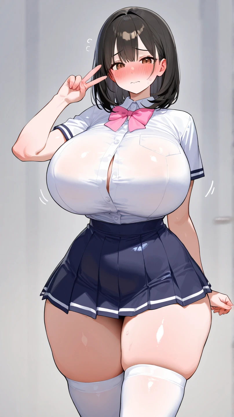 (gleaming skin:1.3), (mature woman, milf:1.4), blush, laughing, A milf with black short hair, sky-blue eyes, wearing a white bikini, gigantic breast, curvy body, standing, in a black background room . arms behind back. nsfw,