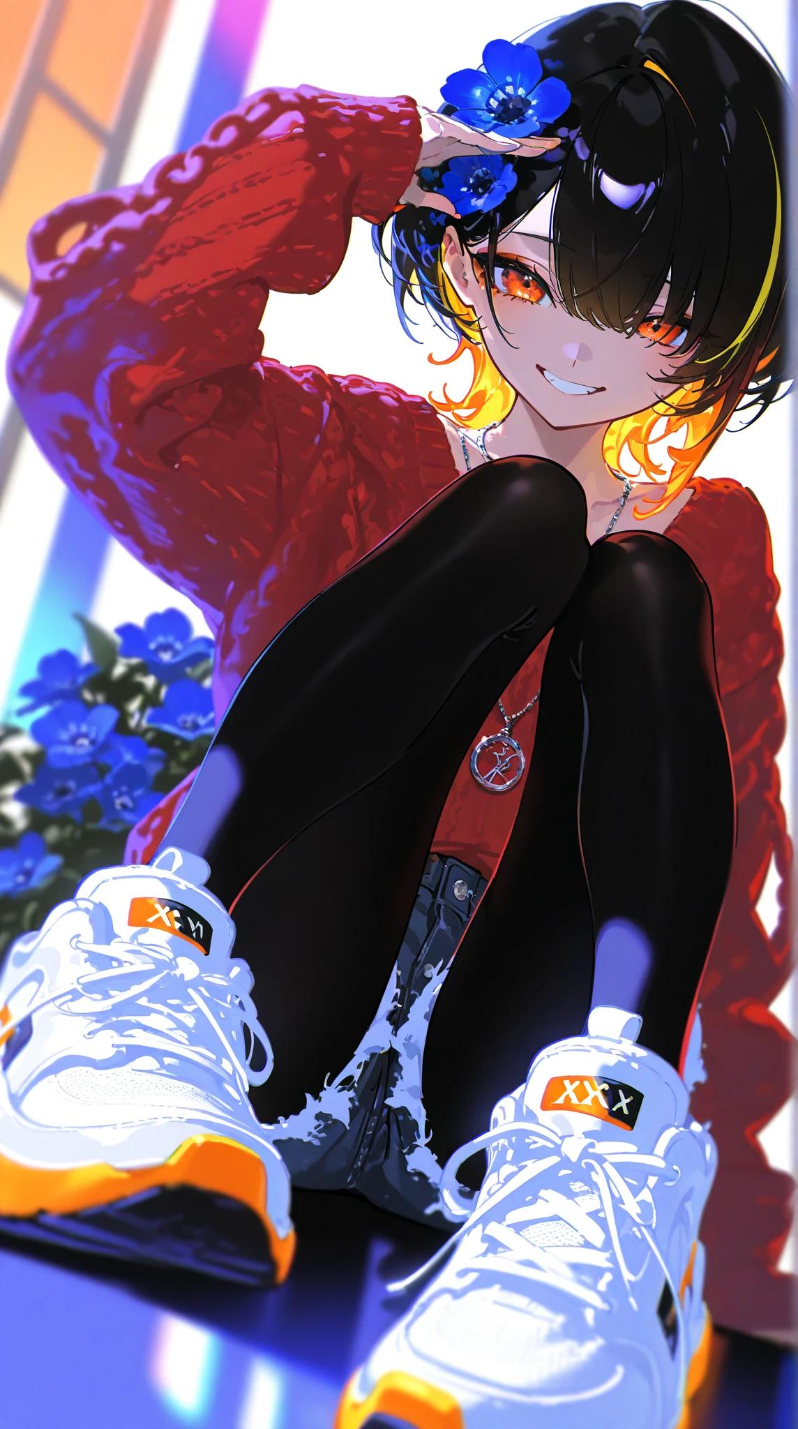 kyoka jiro, 1girl, solo, looking at viewer, smile, short hair, bangs, simple background, shirt, black hair, gloves, long sleeves, sitting, jacket, boots, open clothes, choker, pants, white gloves, blunt bangs, fingerless gloves, grey background, open jacket, black jacket, black choker, facial mark, black pants, pink shirt