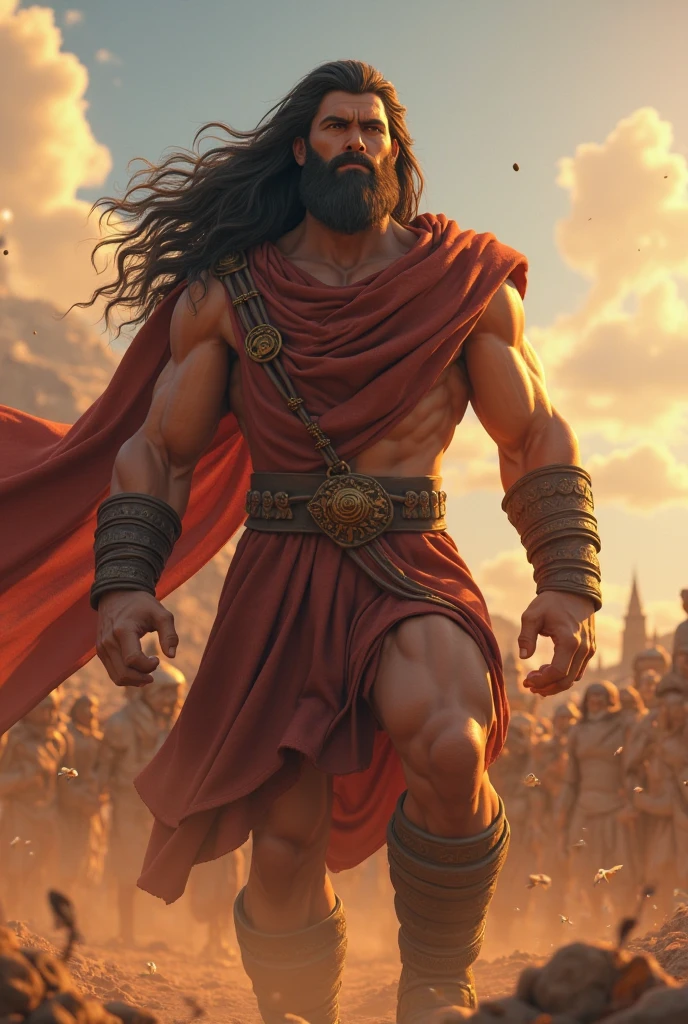 The arena falls silent as the mighty Ares steps forth, his muscular form casting an imposing shadow. His eyes burn with the intensity of a thousand battles as he scans the crowd, daring any challenger to face him. With a thunderous roar, he raises his fists, ready to unleash his fury upon any foolish enough to stand against him.