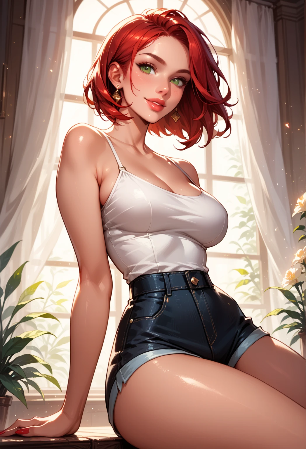 (high-level image quality), (high quality), (high resolution), (detailed), (masterpiece), beautiful woman, ((caucasian)), green eyes, red hair, short hair, dark red lipstick, perfect eyes, Detailed face, sexy shorts,