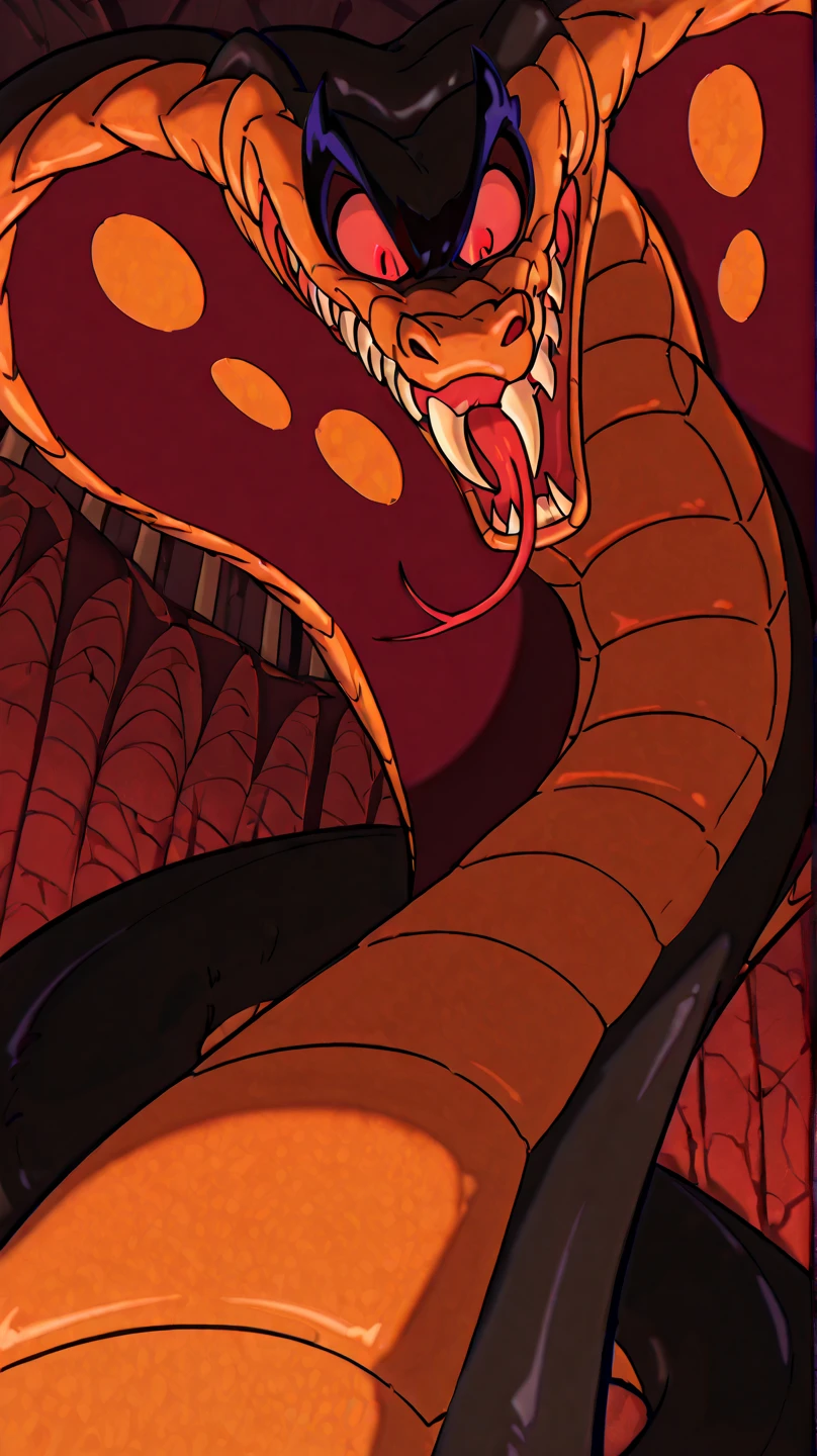 4K ultra quality, fat body with strong muscles,masterpiece quality, giant feral Jafar , small feral Aladdin, Wrap the snake strangler, [Jafar, Snake Jaffar, Scully, snake, Cobra, Wild, Snake Hood,  Reptiles , black body, Black Scales, Red body, Red Scales, tooth, teeth, forked tongue, Red Eyes, Thick body type, Tighten, smiles maliciously, open eyes, tongue out, looking down, looking at viewer], [Human:First-person perspective, pov, Pain, body is tightened, ]