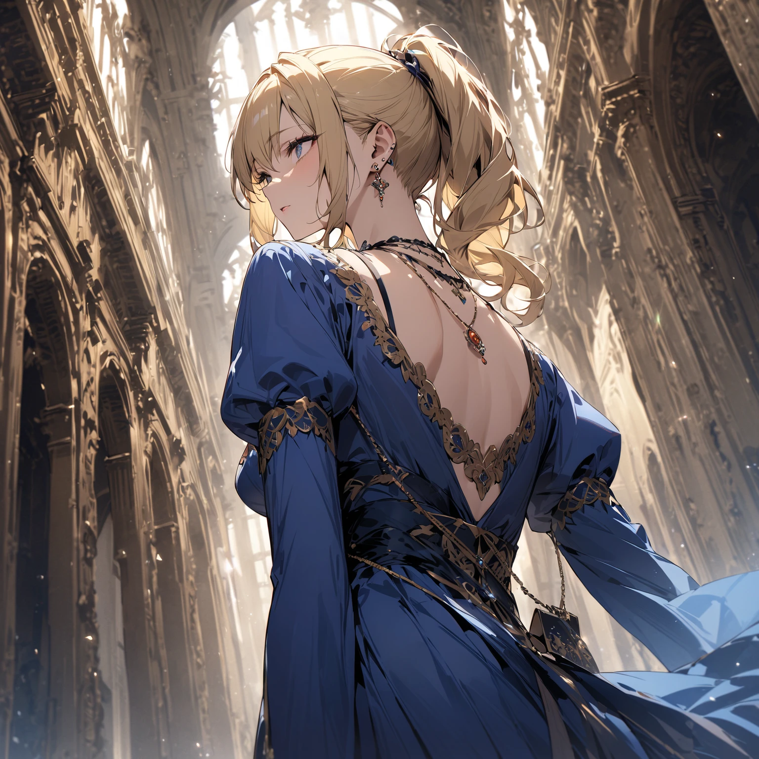 masterpiece, best quality, <lora:ShexyoStyle:1>, light particles, soft lighting, volumetric lighting, intricate details, finely detailed, 1girl, solo, blonde hair, long hair, high ponytail, red eyes, long eyelashes, thick eyelashes, looking at viewer, red dress, ornate dress, backless dress, puffy sleeves, juliet sleeves, (long sleeves:1.2), red bow, black background, simple background, from behind, <lora:Add Detail:0.4>