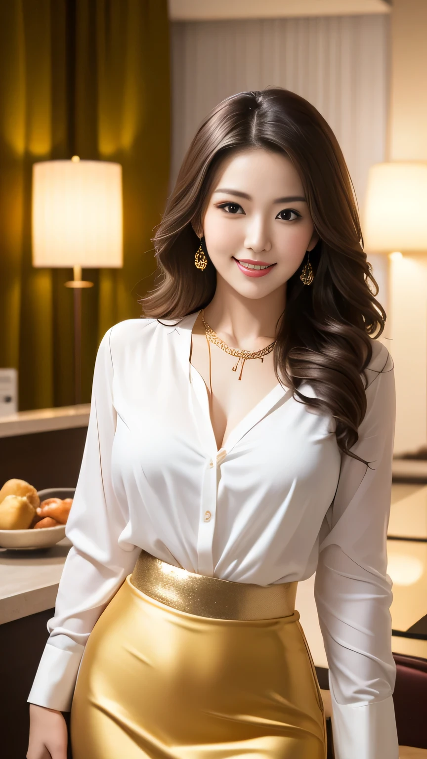 A sneak peek、whole body、field, highest quality, realistic, Super detailed, down to the last detail, High resolution, 4k wallpaper, Beautiful woman,, light brown hair, wore a suit, perfect dynamic composition, beautiful and delicate eyes, delicate hair, Round face model body type、mini skirt、droopy eyes,shy smile,Floral blouse、Blouse with ribbon:1.3、fancy orange and white printed dress, Pleated skirt with lots of checked pleats、((Super long brown hair:1.2))((Hair with loose waves inside:1.2)),((shy smile:1.3)),((gold necklace＿Large earrings:1.2)),fullbody shot、((full figure supermodel standing, entire body in frame))、((In a crowded café at dusk:1.3))((salute:1.3)),