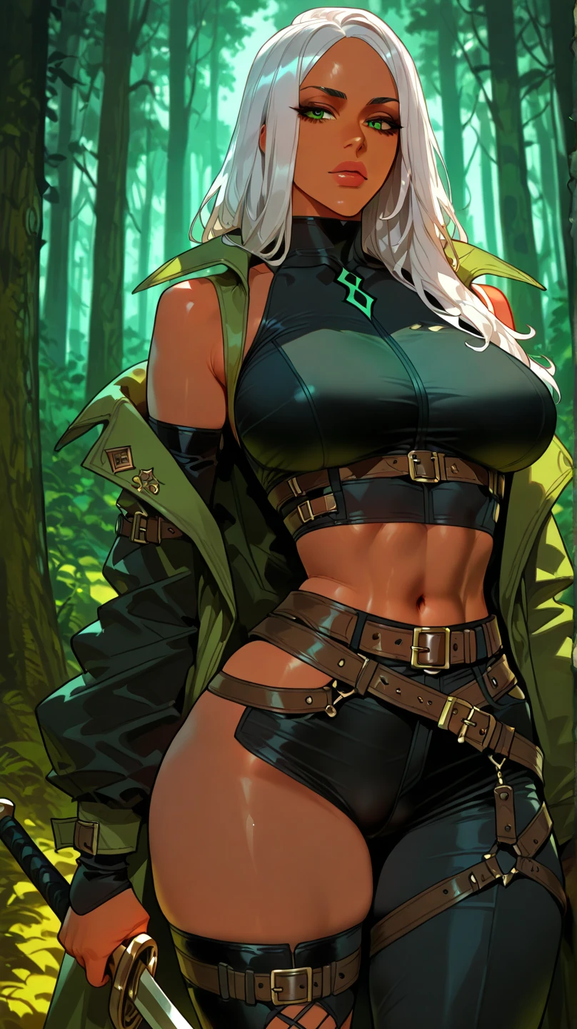 A young silver haired woman with green eyes with an hourglass figure in a pirate outfit is exploring a tropical jungle is cutting down vegetation with a machete in a tropical forest