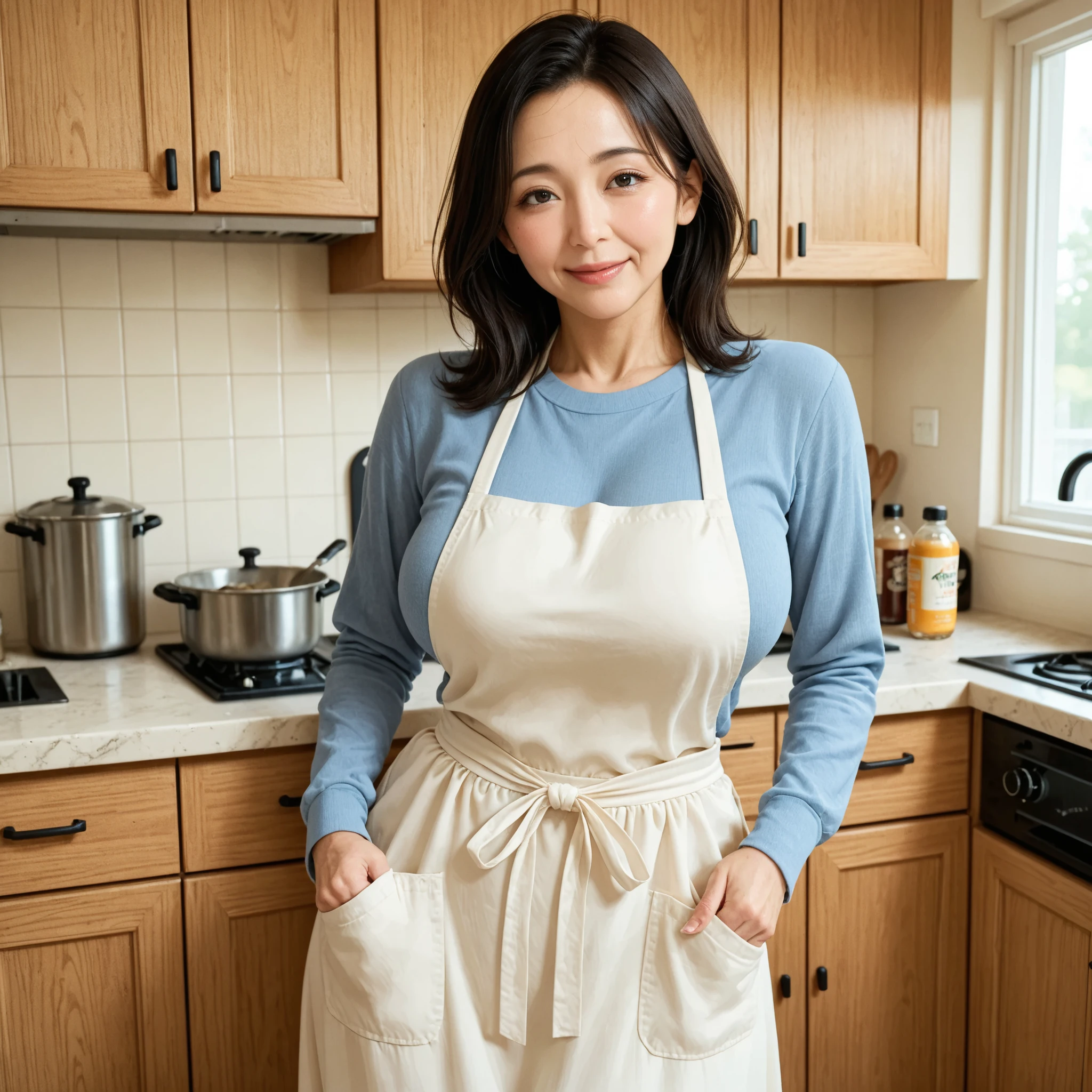 Masterpiece, Photogravure, High quality, Ultra-high resolution, 8K, Realistic, (Intricate details: 1.2), A skinny Japanese actress, 40 years old, {short|long} hair, cute face, detailed face, beautiful eyes, detailed eyes, slender body, hourglass figure, anatomically correct body structure, (wearing a full-length apron: 1.4), looking into the camera. a photo captured at a kitchen filled with sunlight, white floor, white walls, cooking items, (plants: 0.8). full-body photo from various angles