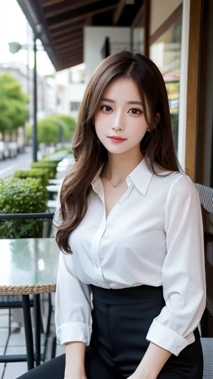 (RAW Photos), (Realistic), (masterpiece), (highest quality), High resolution, 8k, (Intricate details), (Volumetric Light), Portraiture, woman, Age 35, Medium Hair, Straight hair, Layered Hair, Brown Hair, Very beautiful eyes, Source order, Very thin eyebrows, Very fine skin, Very beautiful mouth, Very nice nose, Cute like an idol, smile, (Thick lips), (Looking at the audience), (White collared dress shirt), Above the knee shot,