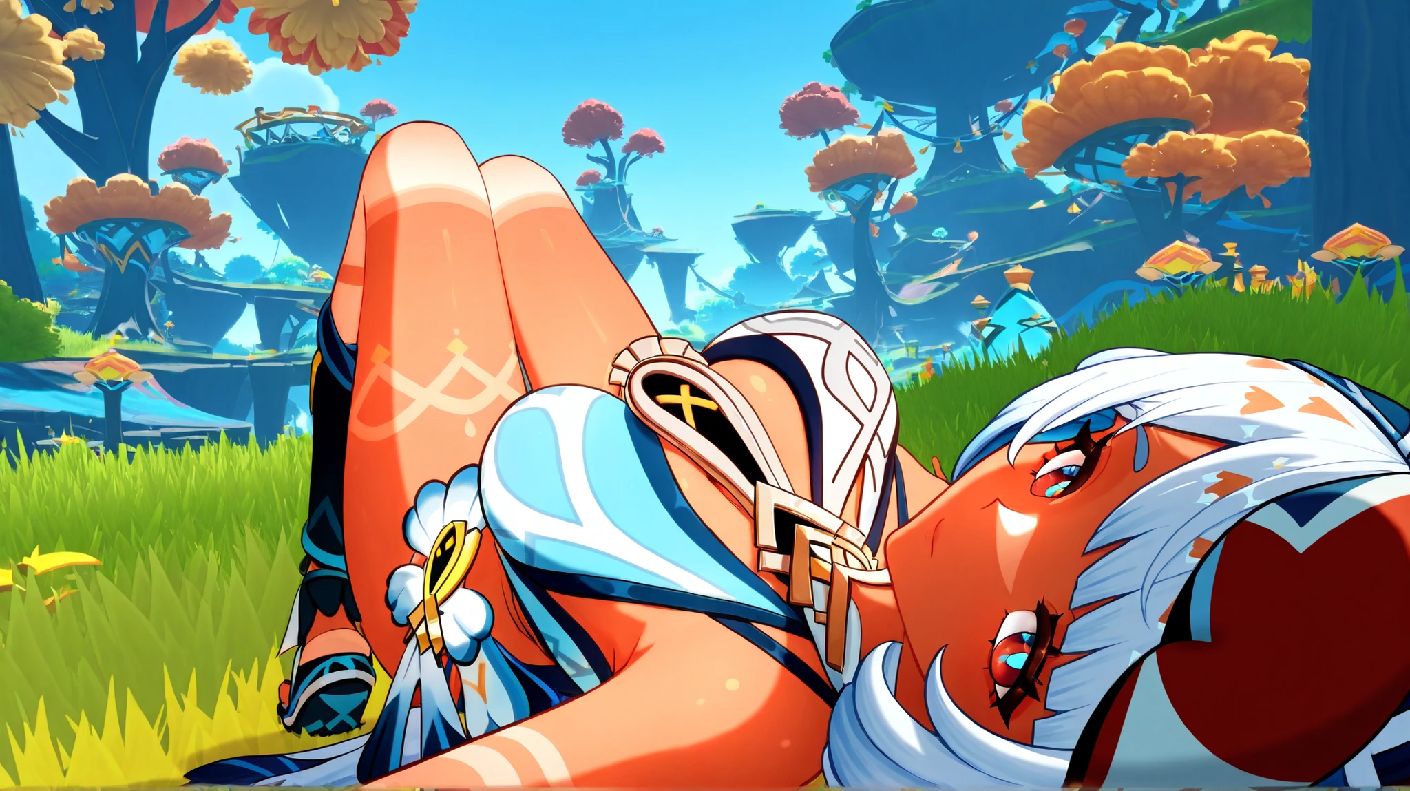 1 girl only, original, from the video game Genshin Impact, forest with its characteristic clothing, pose sexy (She is on her back), (Natlan in the background)