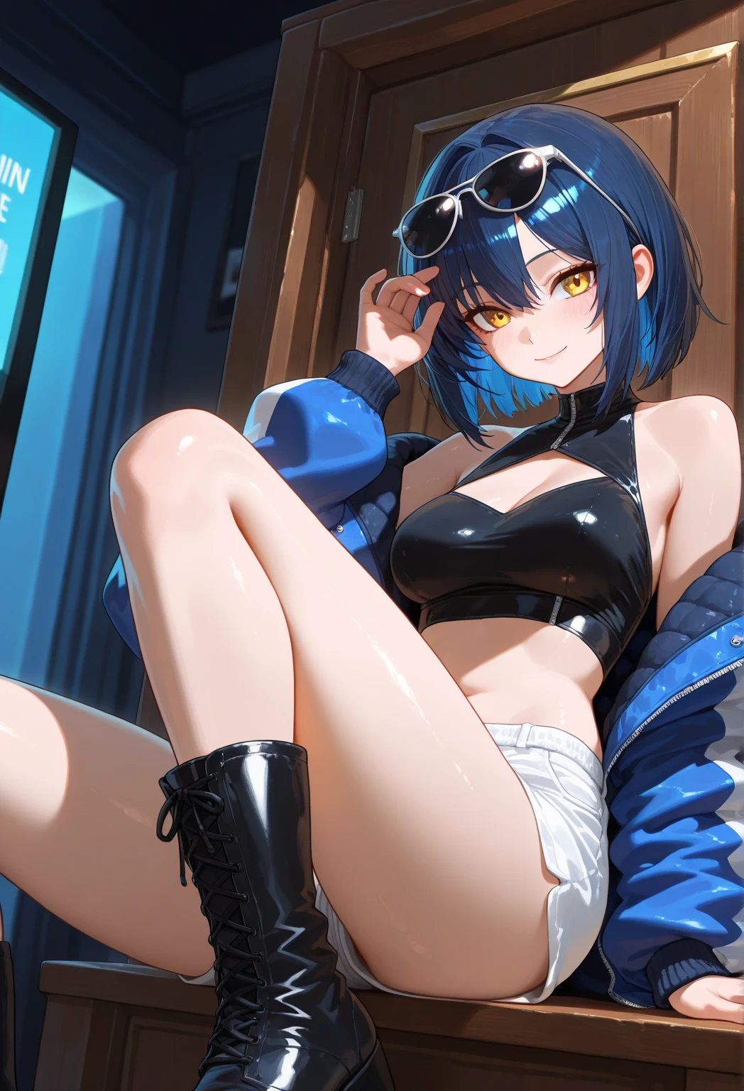 highres, masterpiece, blue hair, black eye, 18 yo, 1 girl, medium breast, cute, beautiful, river, cloudy, sexy