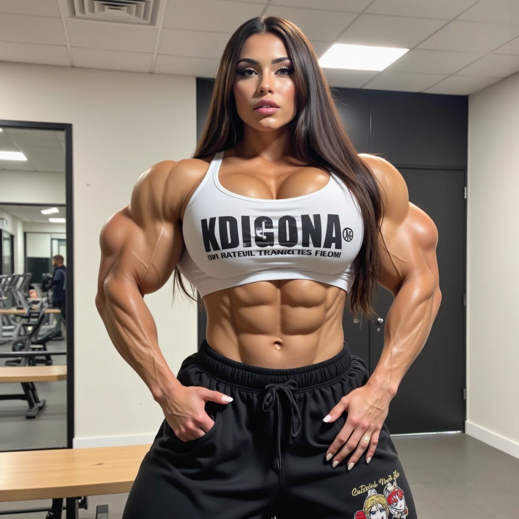 A military, action movie poster of a beautiful, huge, enormous, buff, giant, single Female bodybuilder, muscle goddess, huge arms and huge legs, giant boobs, enormous muscles, big beautiful eyes, with long dark hair, wearing reading glasses, holding an assault rifle, machine gun, photorealistic