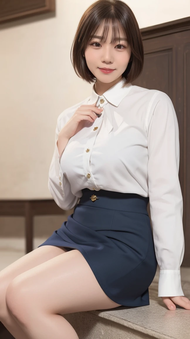 masterpiece、highest quality、High resolution、wallpaper、Realistic、Bright lighting、Professional Lighting、Face Light、Smooth lighting、Japanese girl、Beautiful woman、gravure、so beautiful、Beautiful Skin、Beautiful and detailed、Detailed face、slim、Moderate、short hair、Looking at the camera、play the guitar、mini skirt,No makeup,Innocent face、Sitting in a chair,White panties,Purple Blouse,(Realistic Skin)