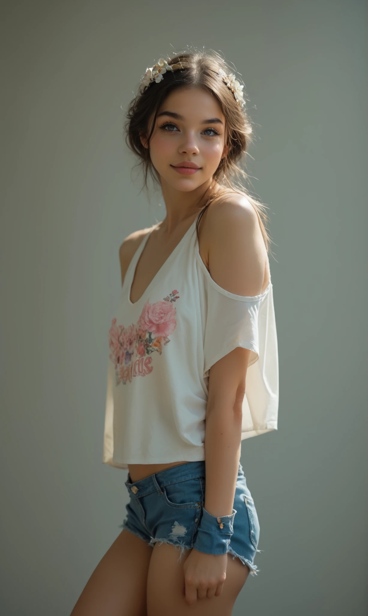 La mejor calidad,ultra detallado,realista,retrato,Chica encantadora ,hermosos ojos detallados,14 year old girl with a shy smile and blush wearing a crop top and pajama shorts, (ombligo expuesto) en un sudor, Eye-catching pose showing her butt from multiple views