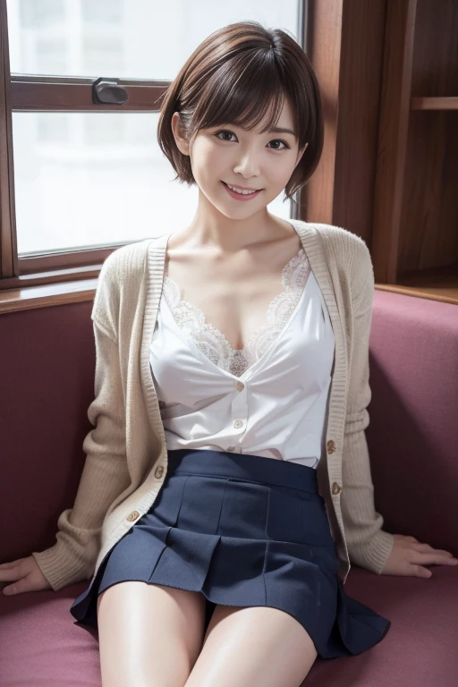 (highest quality:1.5)、(Realistic:1.5)、(1 person:1.5)、Very detailed、High resolution、8k、medium breasts、Natural color lips、Cute Smile、Japanese women、20-year-old girl、Beautiful and elegant face、Perfect and beautiful face、Balanced big eyes、Brunette eyes、Beautiful and elegant face、Natural double eyelids、Natural Bangs、Beautiful thin nose、Beautiful Skin、(Medium Bob Hair)、Natural Bangs、Perfect and beautiful face、Slim face and figure、Look at the viewers、(Staring at the camera with a sweet smile)、Bright lighting、Professional Lighting、Forward lighting、Beautiful feet:1.2、Smooth Skin、Slim Body、Slim waistline、slim thin thighs、Sit slouching、Bedroom、mini skirt、High stockings、Beautiful cleavage、Wear a bra、Outer cardigan with front buttons open、