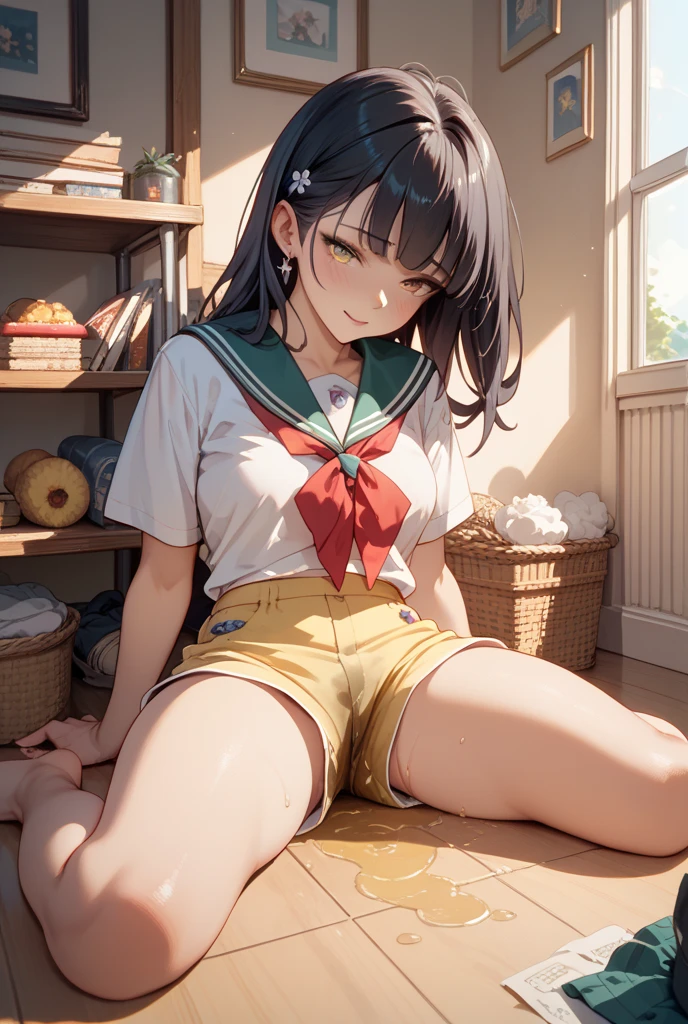 (1 person、alone), Beautiful woman, (Anatomically perfect body, thin、(Pretty Girl JC、Sailor suit:1.2)、 (Baby Face:1.2)、、(Highest quality)、Black Hair, (Half Up:1.2), classroom、(8k, High resolution)、(shy:1.4)、Small breasts, (thin脚、Small Ass)、(vapor:1.1), (Embarrassing:1.3), Black socks、Brown Loafers、High resolutionの顔、Wide Shot、(Pussy juice on panties:1.2), (Extremely detailed white panty), (Cameltoe in panties:1.4), (Lying on the floor:1.3)、(Holding my knees、Put your knees on your chest:1.1), Open your legs, Watery eye