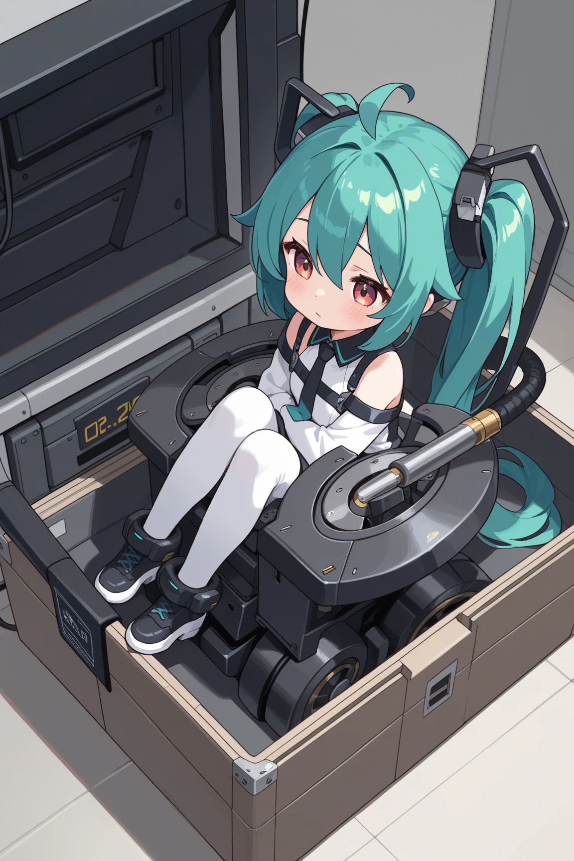 Little、cute、Perfect Anatomy、Ultra-high resolution、Best aesthetics、Top quality foot depiction、Anime Style、Flat avatar、Milky white and blue hair color、Long Straight Hair、Sitting with her legs stretched out、Inside a circular shape、Simple Background、Evangelion plug suit orange and yellow-green clothing、