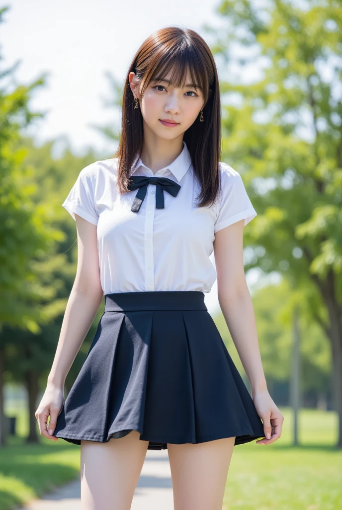 Masterpiece、Raw photography、(((Ultimate Beauty Portrait)))、((glistning skin))、close mouth、no mask、dark brown eye、teen、high school student、、Height is 156cm, no make、(medium black hair ,short bob:1.3)、((masterpiece、top-quality、ultra-detailliert、intricate-detail、hight resolution、highly detailed))、Detailed background、8KUHD、Digital SLR、Soft light、high quality 、Shallow depth of field、natural soft light、shy smile、full body、shy look、flushed cheeks、thin waist、japan school student uniform, (blue pleated mini skirt:1.3), white blouse and school ribbon, (white panties, pale color:1.3), shy look ,flushed cheeks, above the knee, angle from the front, strong wind, hair blowing in the wind, (The wind flips her skirt:1,4)