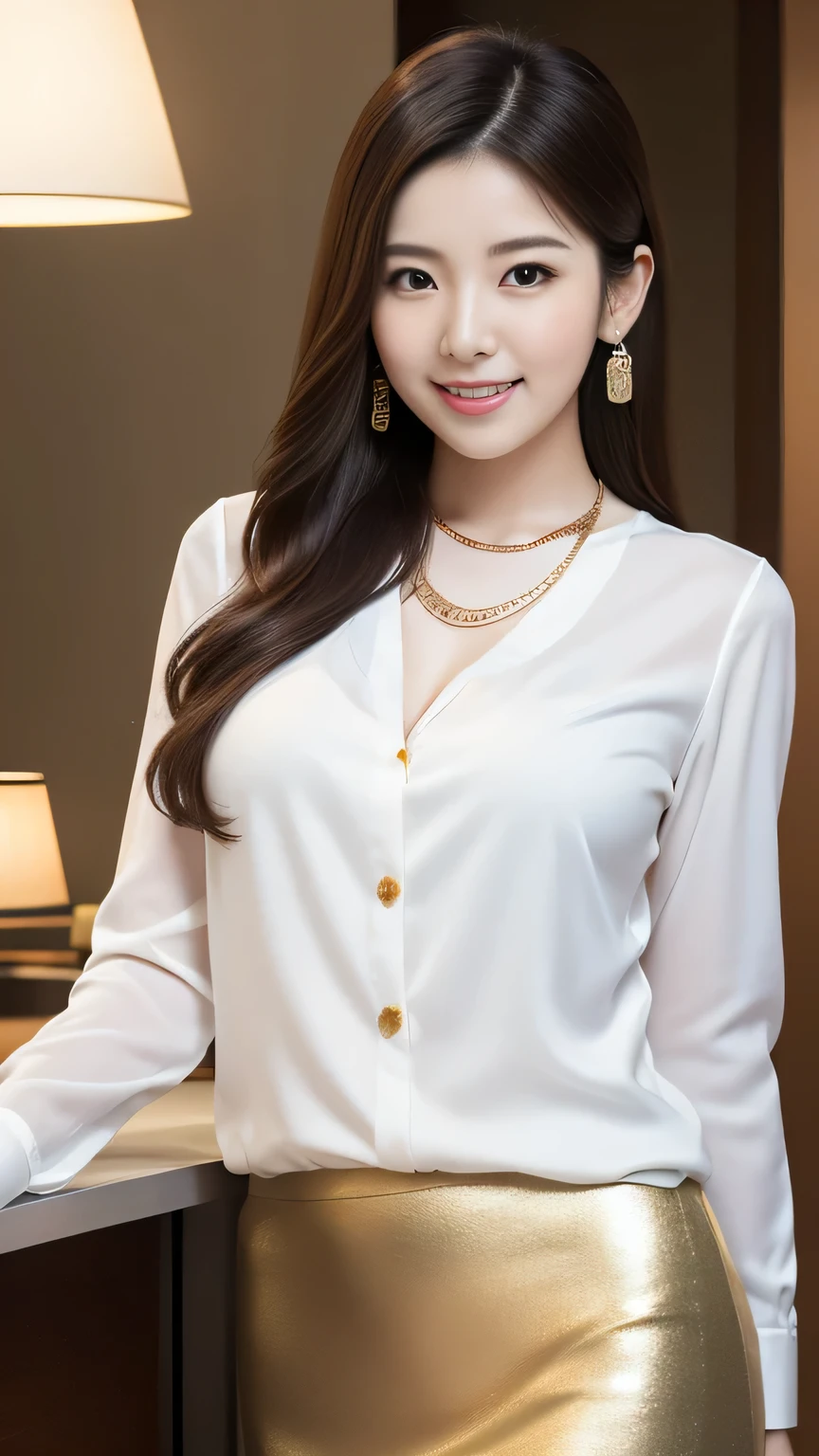 ((masterpiece)), ((Highest quality)), ((Complex)), ((Surreal)), (Realistic), (Mature Woman), ((There are no classes)), Very detailed, (1 female), Beautiful and exquisite, (Beautiful Teeth), Grin, Brunette bob hair, Brown eyes, ((blouse)), (Upper Body), (background:none), Perfect Eyes, Captivating eyes, Looking at the audience