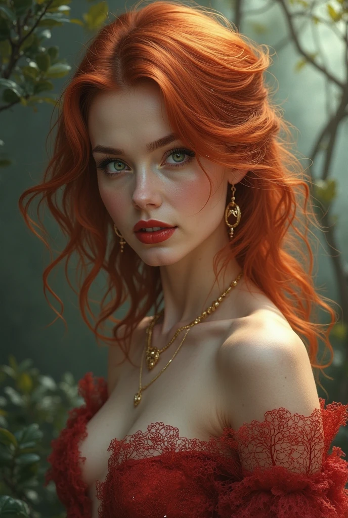 1girl, solo, small breasts, looking at viewer, smile, hair ornament, cleavage, dress, bare shoulders, jewelry, collarbone, upper body, red hair, flower, teeth, solo focus, hair flower, necklace, blurry, strapless, tattoo, depth of field, blurry background, (realistic:1.3) crowd, (in a medieval tavern:1.1), 8k, cinematic, fantasy