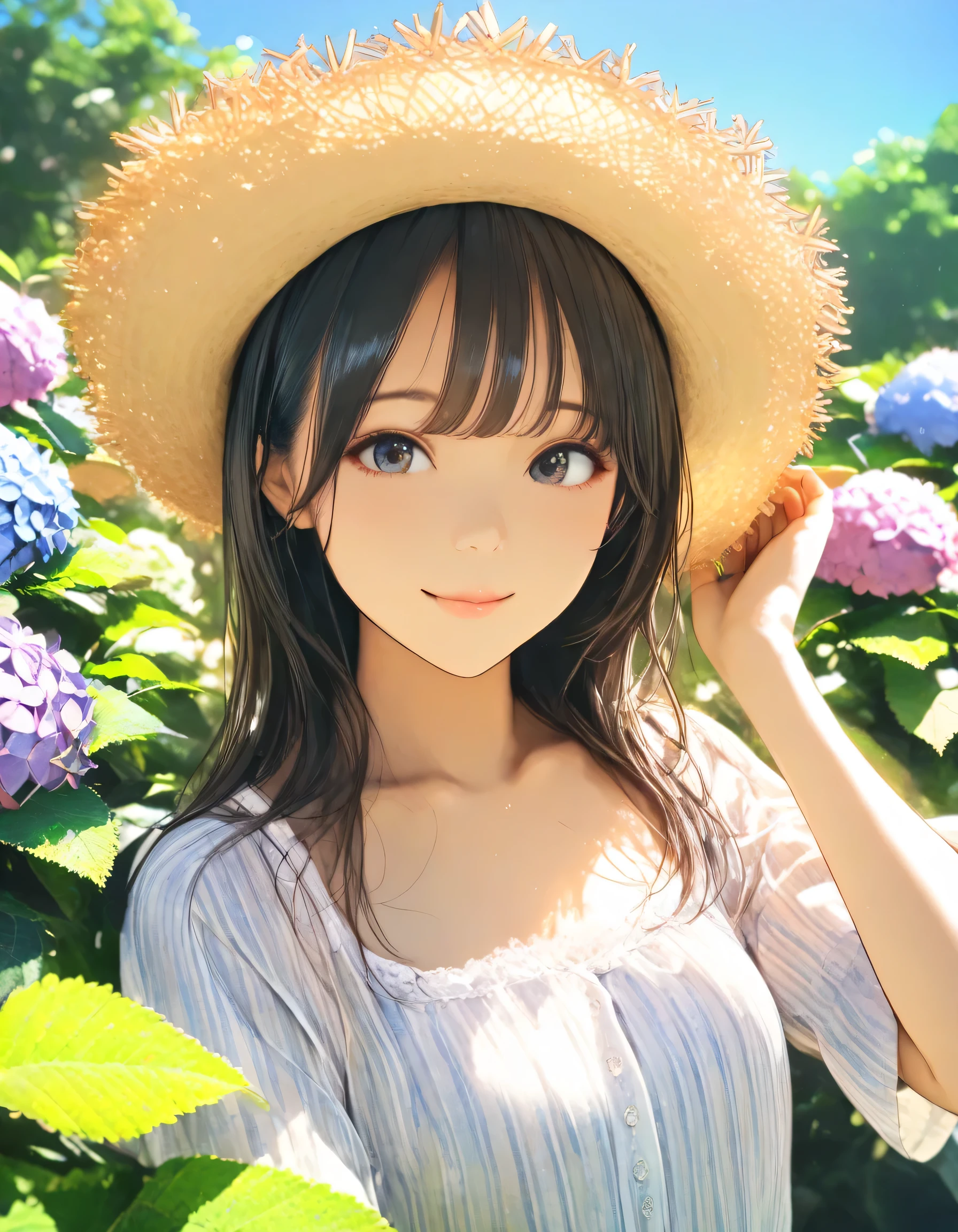 1girl, year 2019, watercolor, upper body, early summer, green park, hydrangea, blue sky, casual clothes, masterpiece, high score, great score, absurdres, 16k, Ultra detailed, (photorealistic : 0.5)