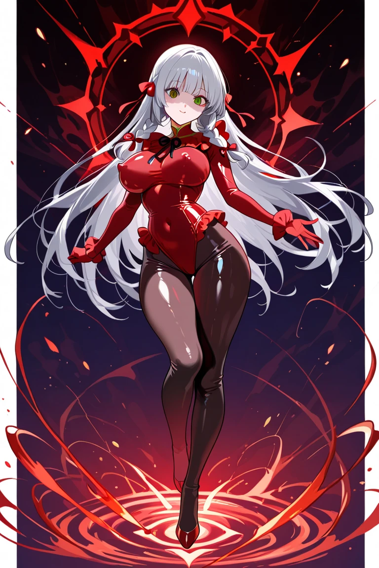 A succubus with excess sticky clear liquid running down its body, red blouse, big boobies, pantyhose, red shorts, wetclothes, holding a vibrator in her hand