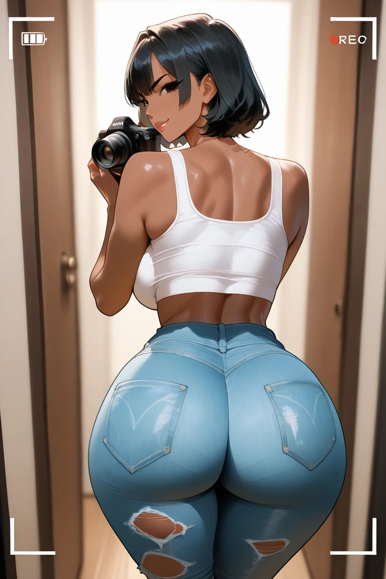 NSFW image of a girl who is turning her back to the window of a house, she is in her underwear and you can see her huge butt squeezed by her sexy black panties