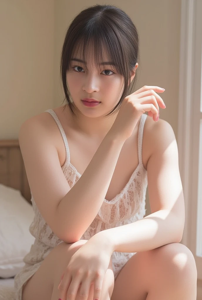table top, highest quality, 16k, 1 girl, 16, big breasts, Raw photo, professional photography, portrait, soft light, professional lighting, alone, 笑face, close, face, close, cute, girly, goddess, delicate girl, pure beauty, Digital single-lens reflex camera, avert your eyes, Frank, Sophisticated, film grain, (目とfaceの詳細:1.0), long hair swaying in the wind, bangs, (White tight tank top that clings to the breasts)、(Pale mauve pleated skirt)、(big breasts:1.5)、cute hanging eyes、late night office、I'm sitting in a chair in front of my computer