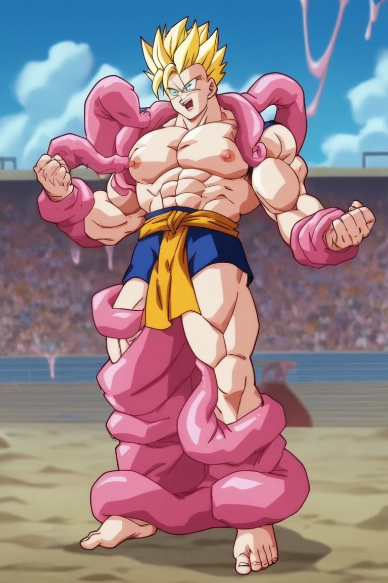 naked , big cock , huge penis ,alone, full body, smiling , muscular, huge muscle, big muscles, pectoral muscle , gohan_beast, male focus, 1 chico, for white, full body, pokkuti , sitting on a throne, royal throne, sitting