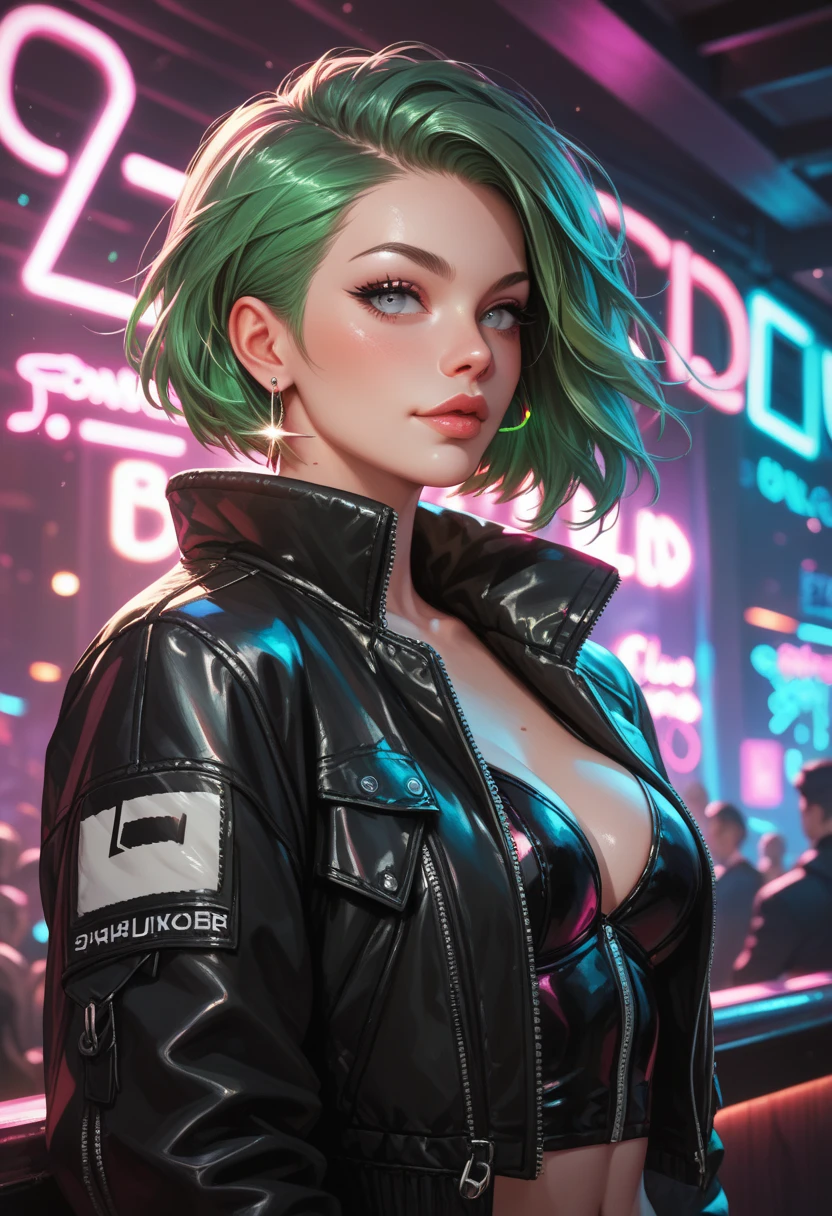woman, Realistic character, Green hair,Pink hair, Blue eyes, anime big breast, Alone, modern, Cyberpunk
