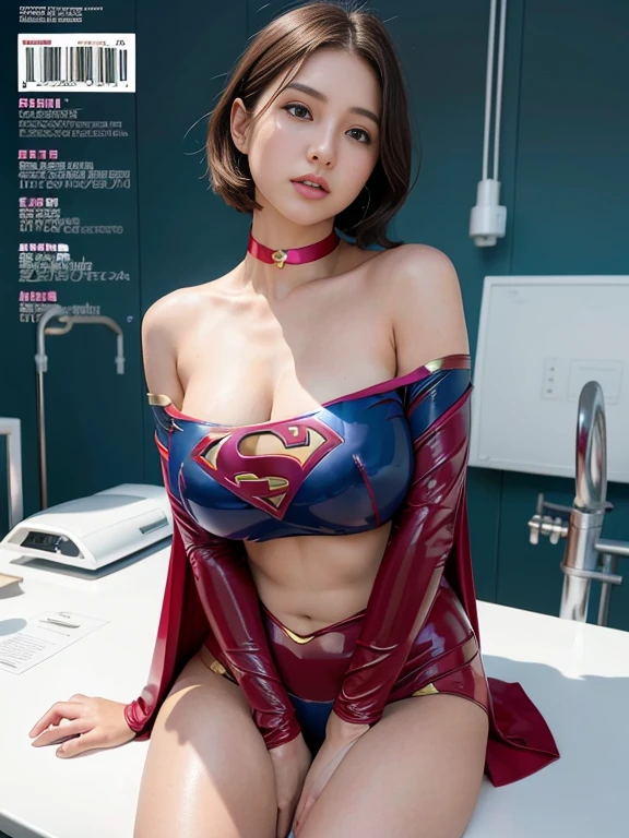masterpiece、Rubber Supergirl Costume、short hair、barefoot、Big and ample breasts、shiny sweaty skin、Looking into the camera、choker、Long sleeve、Sexy poses to seduce、Off the shoulder、latex、from the front、In front of medical equipment in a hospital、High leg leotard、Cape、Attractive cleavage、Photo magazine cover、Boasting beautiful legs、Young nymphomaniac wife in her 30s、Close-up shot、attractive bare feet、