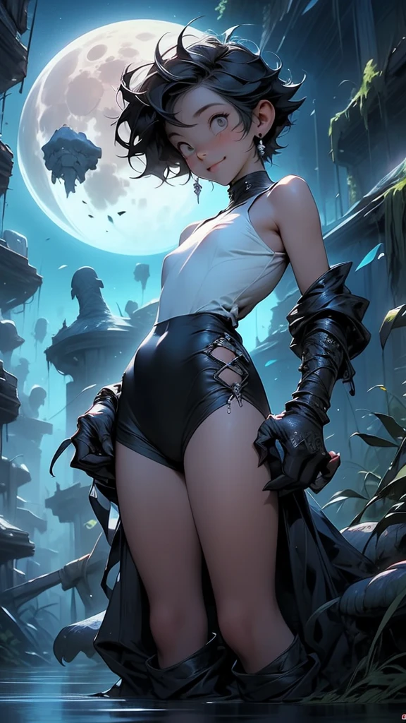 a beautiful white woman, hair color black, with very short mohawk haircut, wearing heavy black eye makeup and eyeliner, multiple piercings, sitting in front of a big full moon, in a sky with beautiful stars, cinematic lighting, high contrast, dramatic lighting, cinematic, moody, edgy, gritty, grungy, rock and roll aesthetic, ultra-detailed, ultrarealistic, 8k ultra resolution